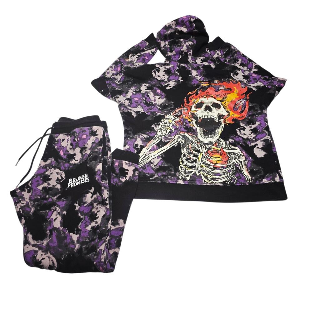 Broken Promises Hoodie Set Men's Purple Black Tie Dye Skeleton Flame Graphic S/M